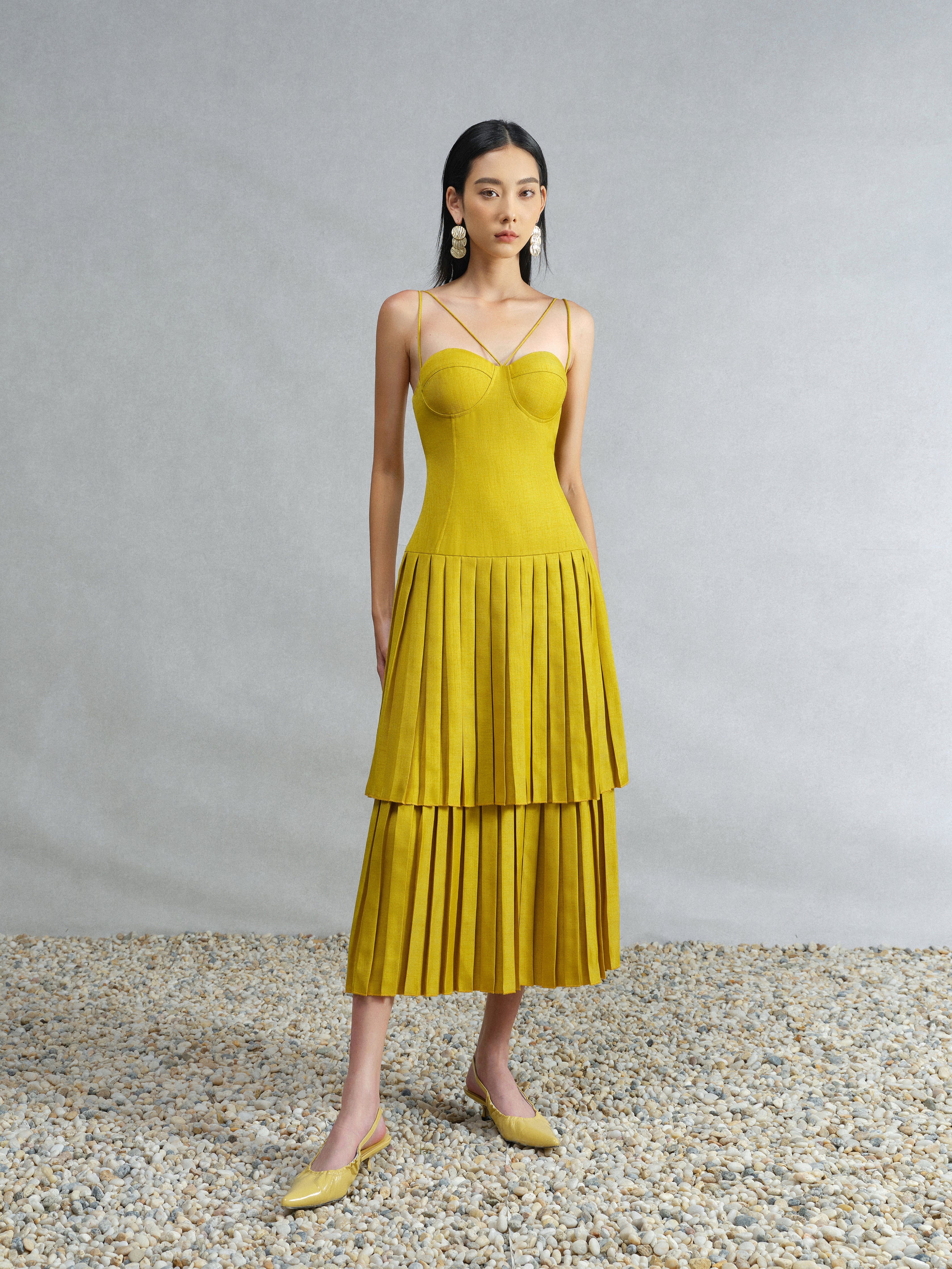 box pleat long dress T222004 Mikado Box Pleated Ball Gown with Empire Beaded Bodice
